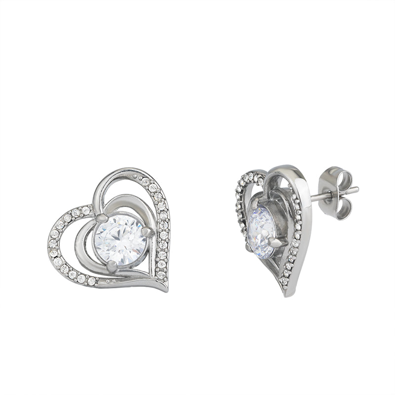 Women's Stainless Steel Heart Zircon Stud Earrings - Gold & Silver, Red/White Zircon Options