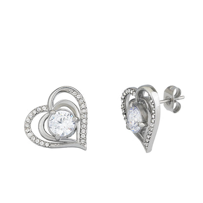 Women's Stainless Steel Heart Zircon Stud Earrings - Gold & Silver, Red/White Zircon Options