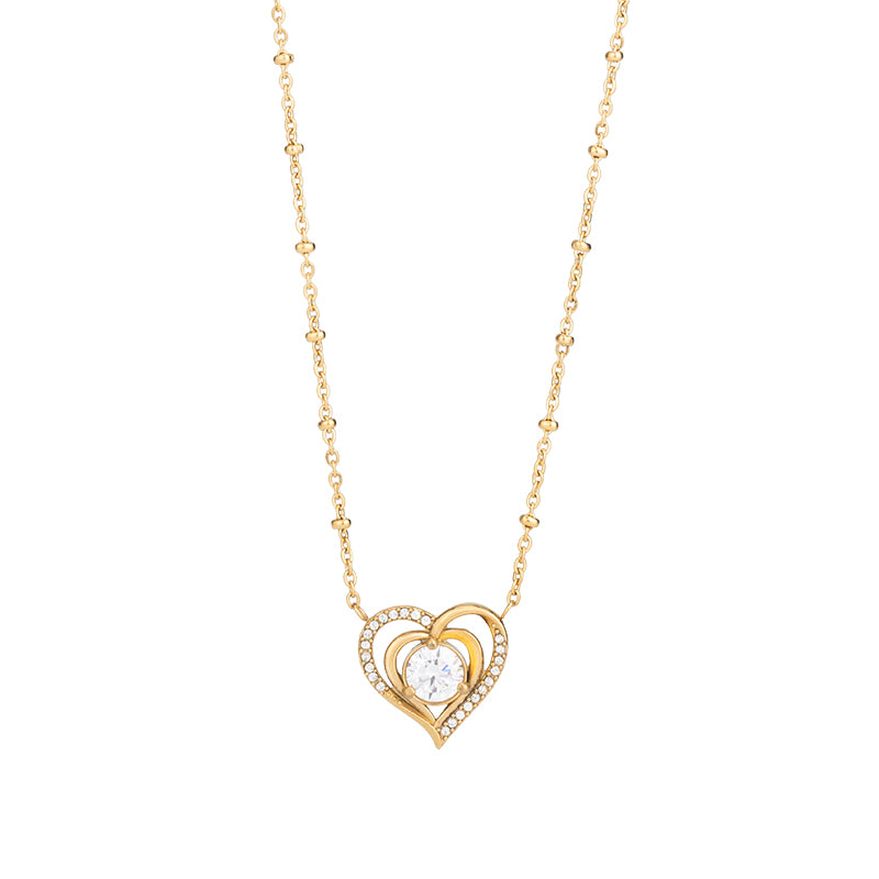 Women's Stainless Steel Heart Zircon Necklace - Gold & Silver, Red/White Zircon Options