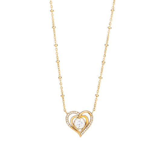 Women's Stainless Steel Heart Zircon Necklace - Gold & Silver, Red/White Zircon Options