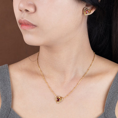 Women's Stainless Steel Heart Zircon Necklace - Gold & Silver, Red/White Zircon Options