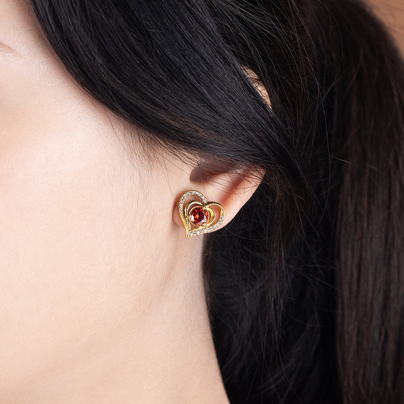 Women's Stainless Steel Heart Zircon Stud Earrings - Gold & Silver, Red/White Zircon Options