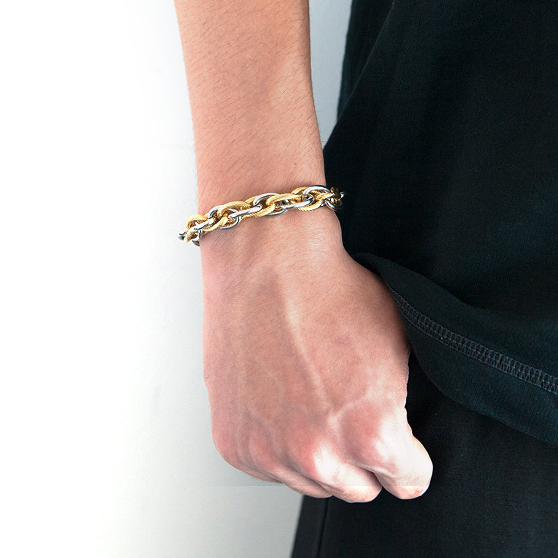 Men's Stainless Steel Twisted Chain Bracelet - Gold & Silver, 0.4" Width, 8.86" Length