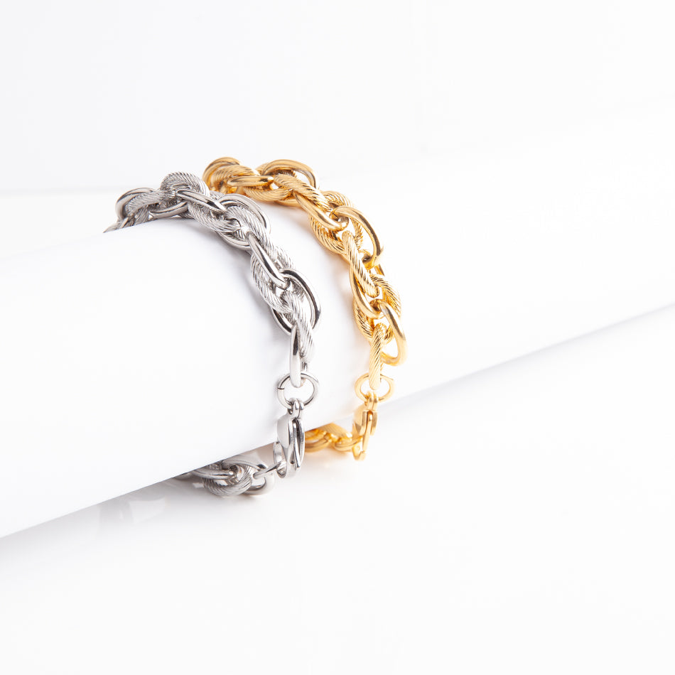 Men's Stainless Steel Twisted Chain Bracelet - Gold & Silver, 0.4" Width, 8.86" Length