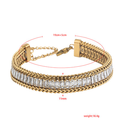 Women's Stainless Steel Crystal Chain Bracelet - Gold & Silver, White Zircon Accents