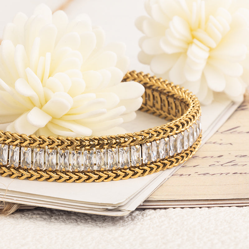 Women's Stainless Steel Crystal Chain Bracelet - Gold & Silver, White Zircon Accents