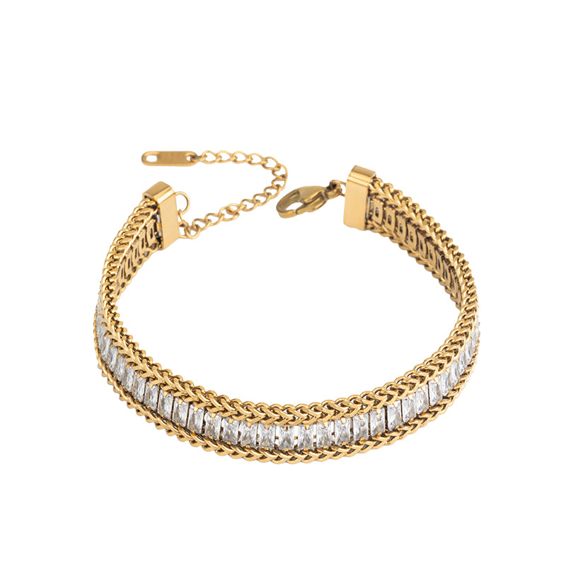 Women's Stainless Steel Crystal Chain Bracelet - Gold & Silver, White Zircon Accents