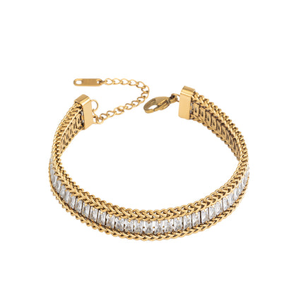 Women's Stainless Steel Crystal Chain Bracelet - Gold & Silver, White Zircon Accents