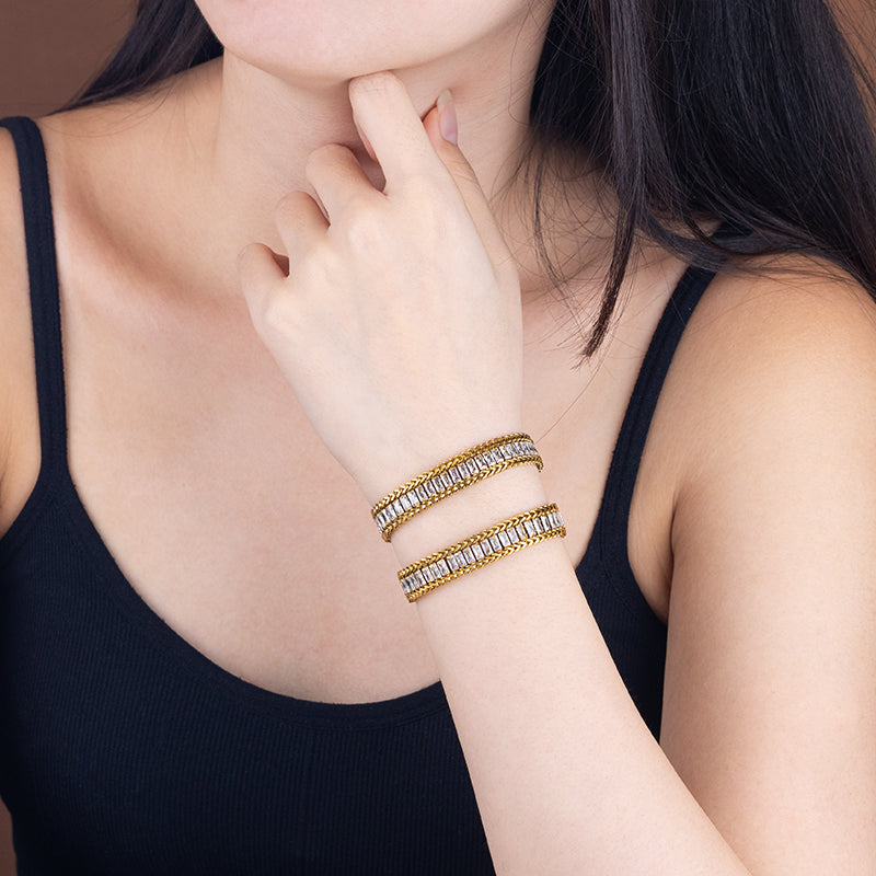 Women's Stainless Steel Crystal Chain Bracelet - Gold & Silver, White Zircon Accents