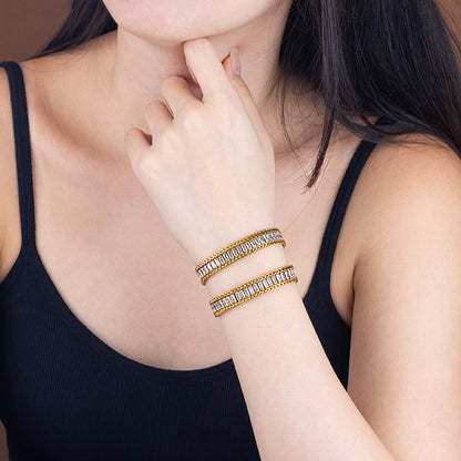 Women's Stainless Steel Crystal Chain Bracelet - Gold & Silver, White Zircon Accents