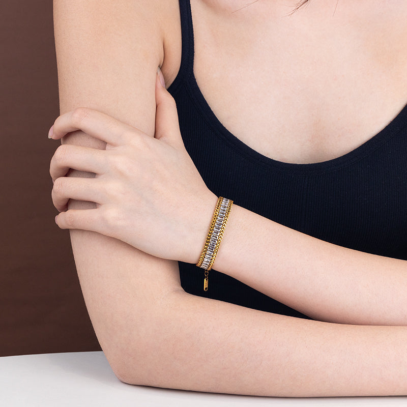 Women's Stainless Steel Crystal Chain Bracelet - Gold & Silver, White Zircon Accents