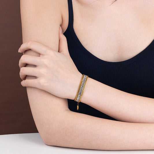 Women's Stainless Steel Crystal Chain Bracelet - Gold & Silver, White Zircon Accents