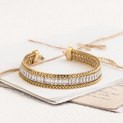 Women's Stainless Steel Crystal Chain Bracelet - Gold & Silver, White Zircon Accents