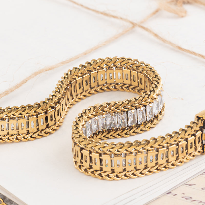 Women's Stainless Steel Crystal Chain Bracelet - Gold & Silver, White Zircon Accents