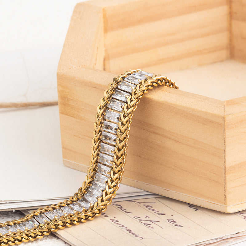 Women's Stainless Steel Crystal Chain Bracelet - Gold & Silver, White Zircon Accents