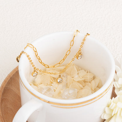 Gold Stainless Steel Layered Bracelet with Zircon - Elegant Crystal Bracelet for Women