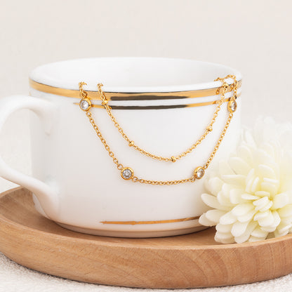 Gold Stainless Steel Layered Bracelet with Zircon - Elegant Crystal Bracelet for Women