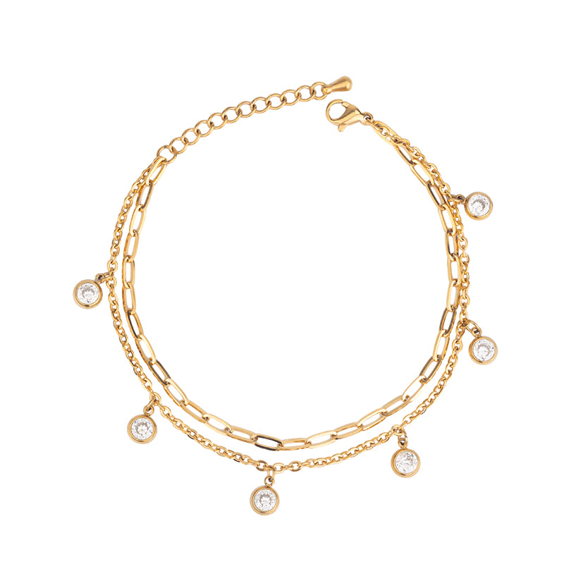 Gold Stainless Steel Layered Bracelet with Zircon - Elegant Crystal Bracelet for Women