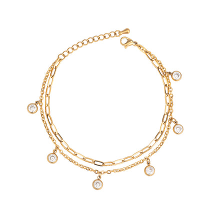 Gold Stainless Steel Layered Bracelet with Zircon - Elegant Crystal Bracelet for Women