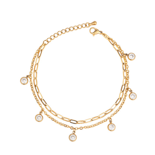 Gold Stainless Steel Layered Bracelet with Zircon - Elegant Crystal Bracelet for Women
