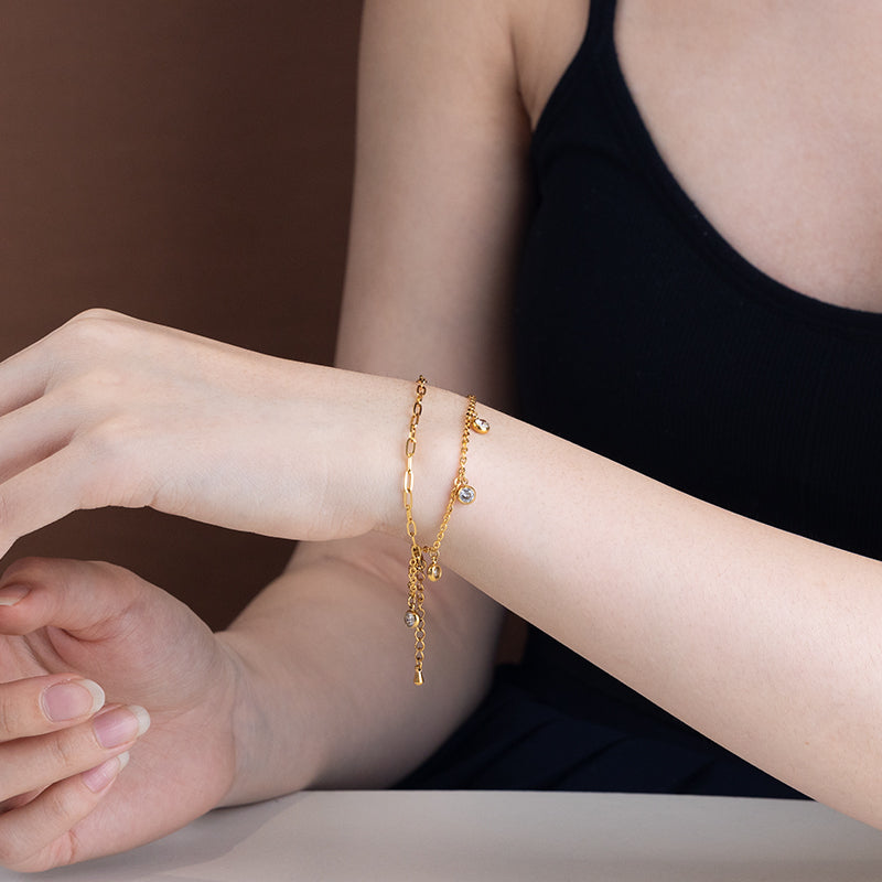 Gold Stainless Steel Layered Bracelet with Zircon - Elegant Crystal Bracelet for Women