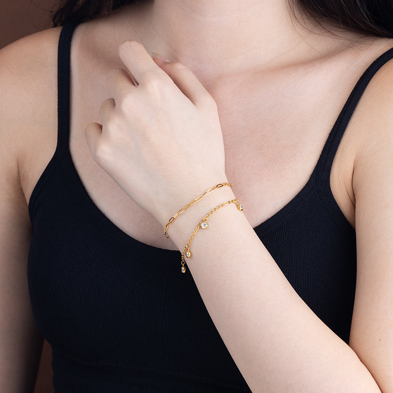 Gold Stainless Steel Layered Bracelet with Zircon - Elegant Crystal Bracelet for Women