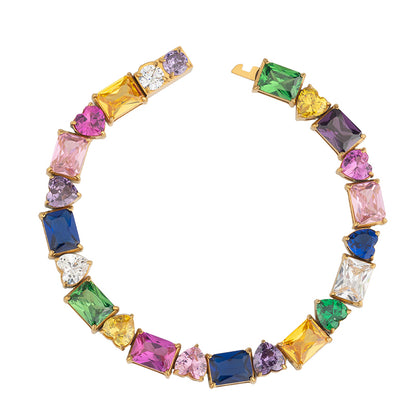 Women's Stainless Steel Rainbow Zircon Bracelet - Gold, Colorful Crystal Accents