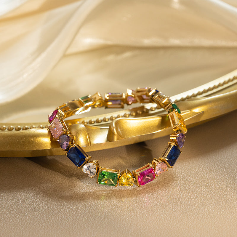 Women's Stainless Steel Rainbow Zircon Bracelet - Gold, Colorful Crystal Accents