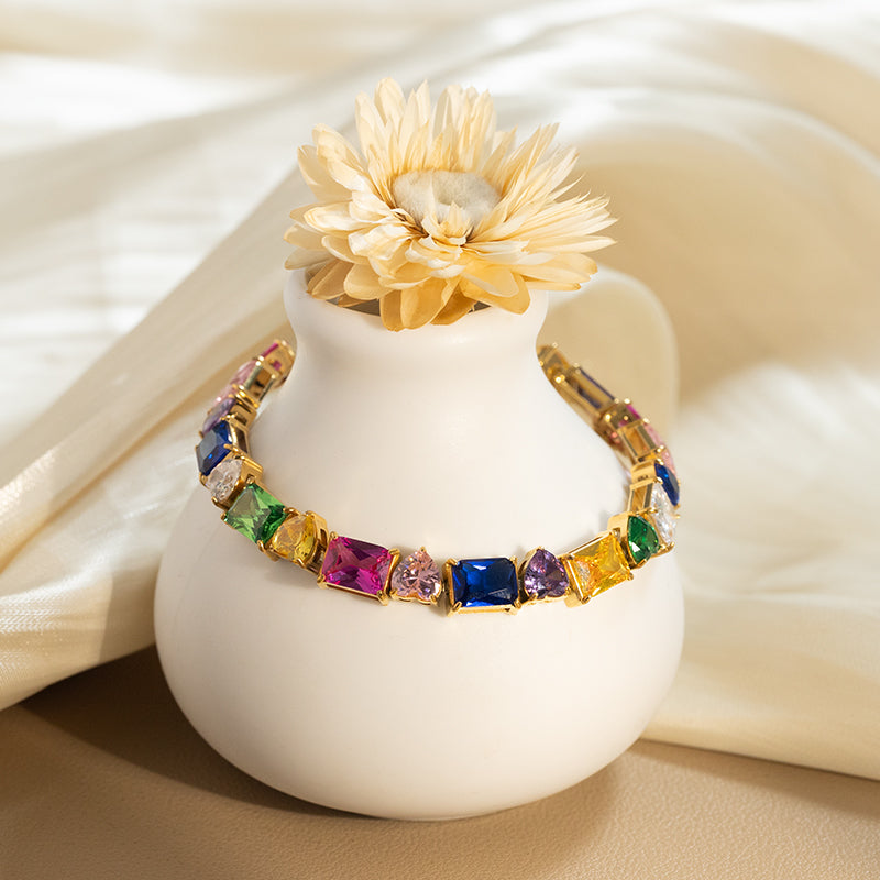 Women's Stainless Steel Rainbow Zircon Bracelet - Gold, Colorful Crystal Accents