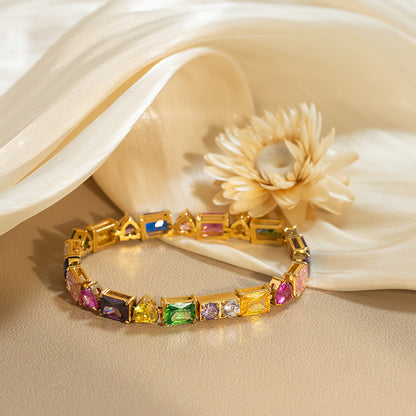 Women's Stainless Steel Rainbow Zircon Bracelet - Gold, Colorful Crystal Accents