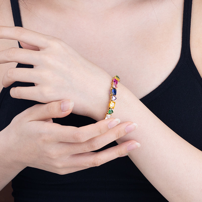 Women's Stainless Steel Rainbow Zircon Bracelet - Gold, Colorful Crystal Accents