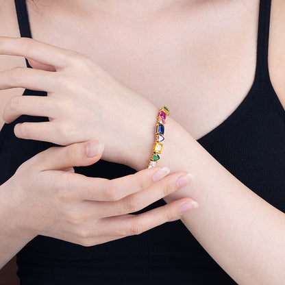 Women's Stainless Steel Rainbow Zircon Bracelet - Gold, Colorful Crystal Accents