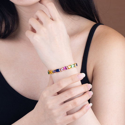 Women's Stainless Steel Rainbow Zircon Bracelet - Gold, Colorful Crystal Accents