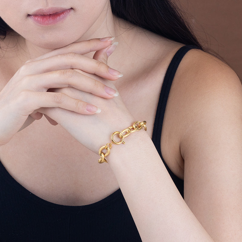 Unisex Stainless Steel Textured Chain Bracelet - Gold & Silver, 0.39" Width, 8.66" Length