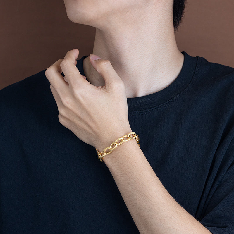 Unisex Stainless Steel Textured Chain Bracelet - Gold & Silver, 0.39" Width, 8.66" Length