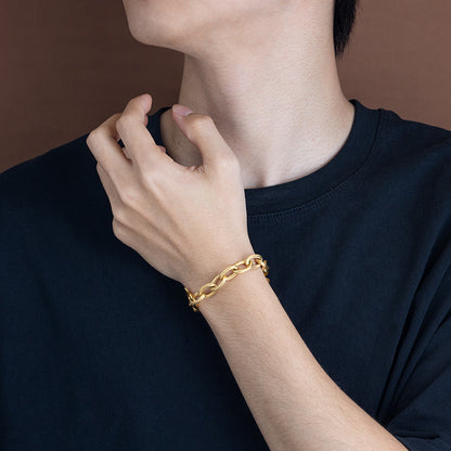 Unisex Stainless Steel Textured Chain Bracelet - Gold & Silver, 0.39" Width, 8.66" Length