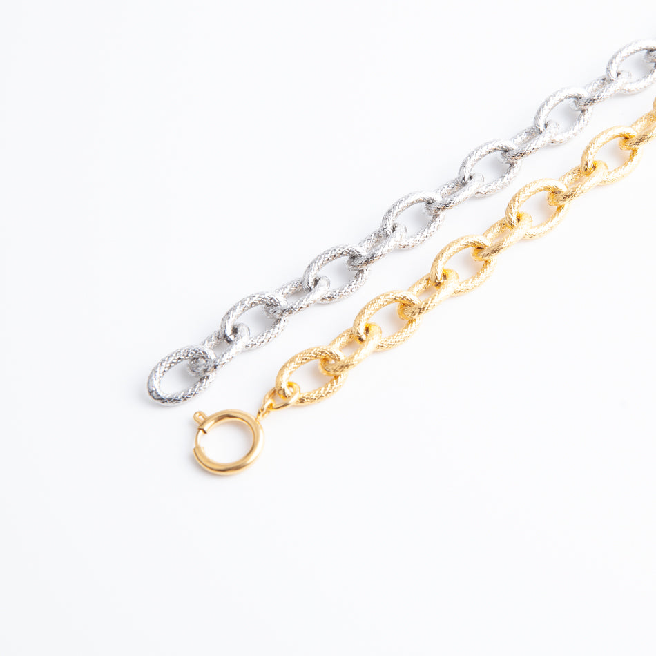 Unisex Stainless Steel Textured Chain Bracelet - Gold & Silver, 0.39" Width, 8.66" Length