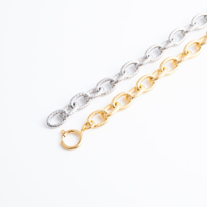 Unisex Stainless Steel Textured Chain Bracelet - Gold & Silver, 0.39" Width, 8.66" Length