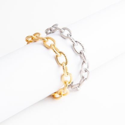 Unisex Stainless Steel Textured Chain Bracelet - Gold & Silver, 0.39" Width, 8.66" Length