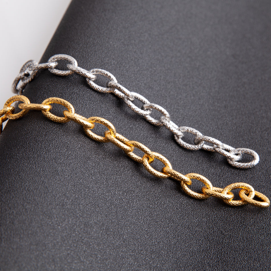 Unisex Stainless Steel Textured Chain Bracelet - Gold & Silver, 0.39" Width, 8.66" Length